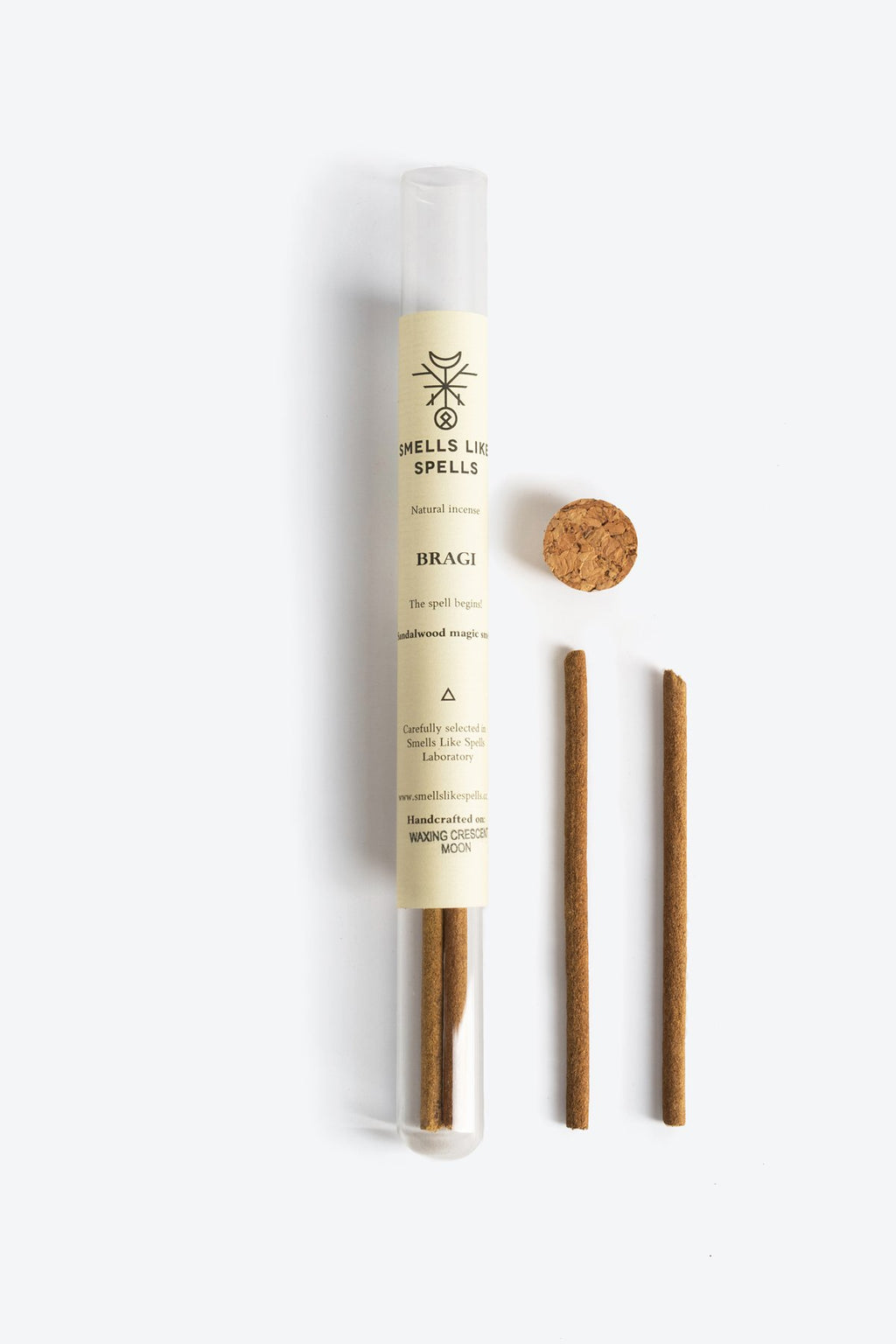 1. Smells Like Spells Natural Incense BRAGI in clear tube with cork lid, shown with incense sticks