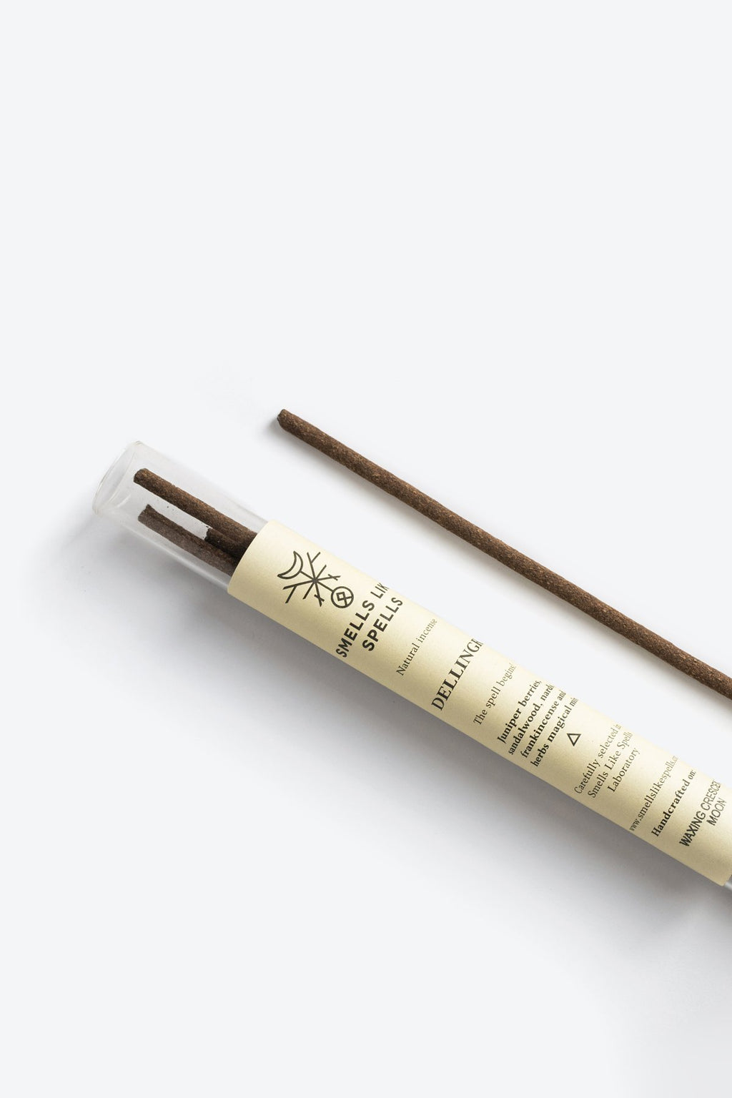 1. Smells Like Spells Natural Incense DELLINGR in tube with incense stick, showcasing eco-friendly packaging