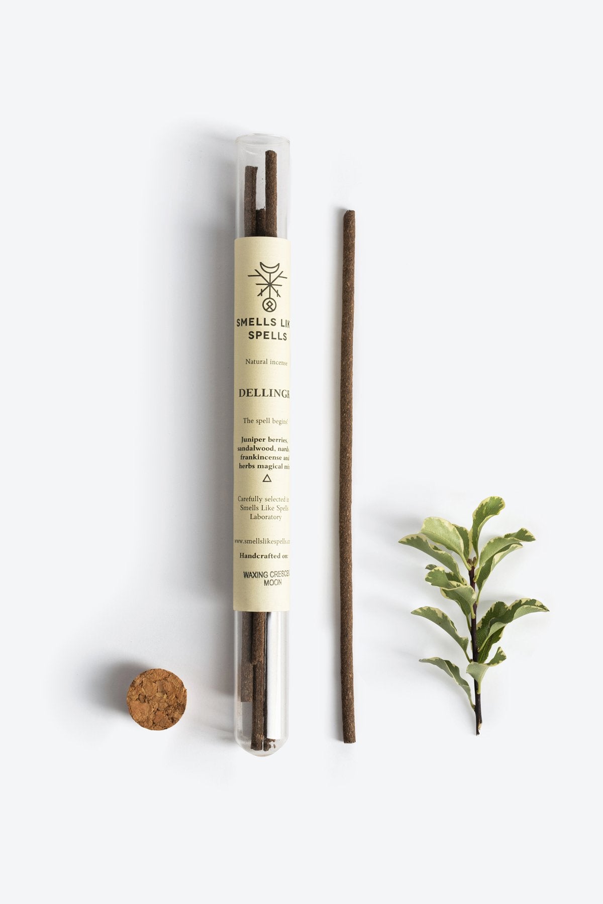 2. Smells Like Spells Natural Incense DELLINGR with cork stopper and green herb, highlighting natural ingredients