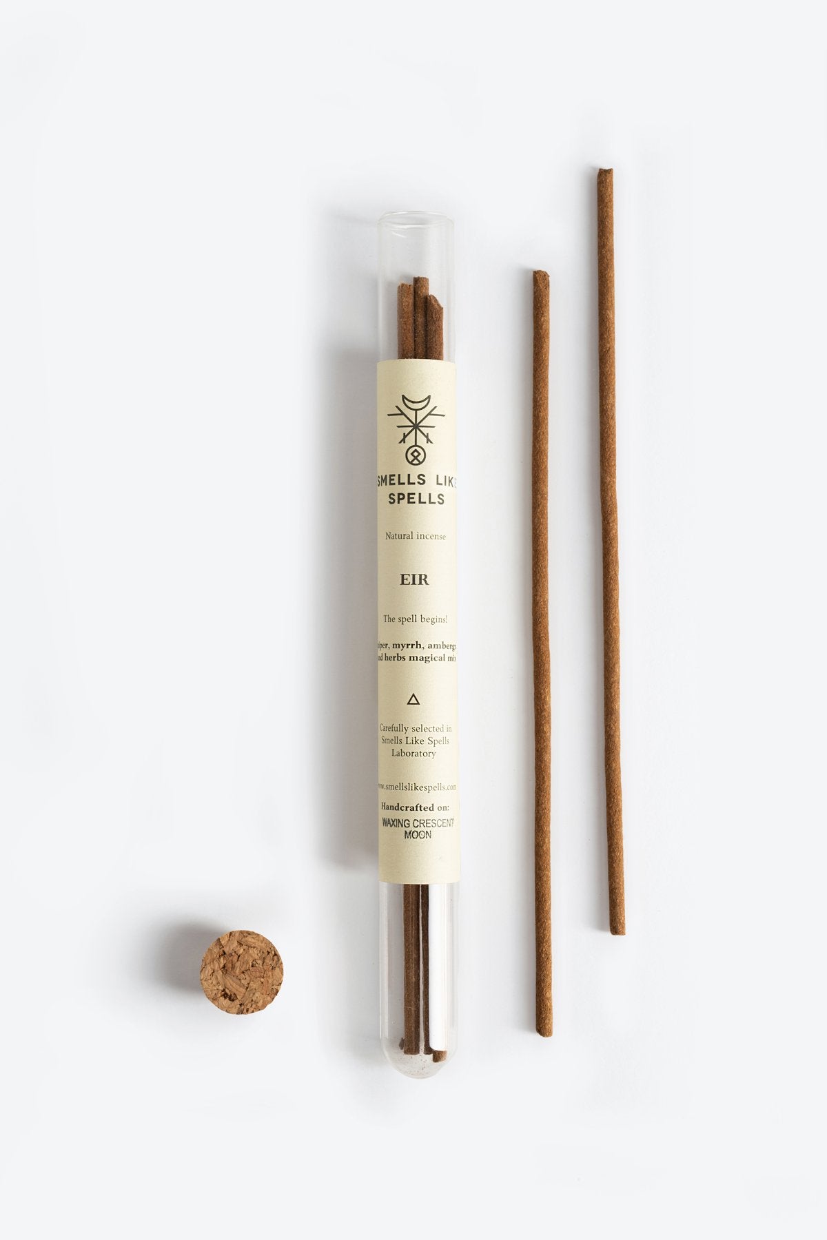 3. Smells Like Spells Natural Incense EIR sticks in a glass tube with cork, highlighting packaging and label details