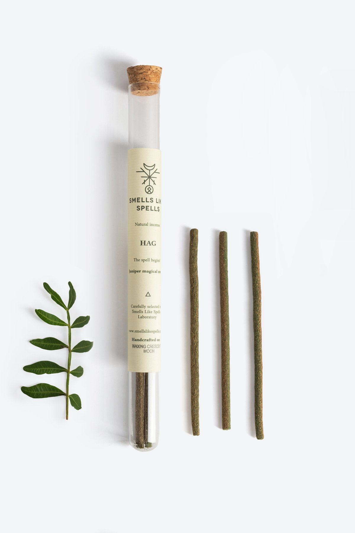 3. Smells Like Spells Natural Incense HAG with juniper sticks and decorative leaf, in glass tube