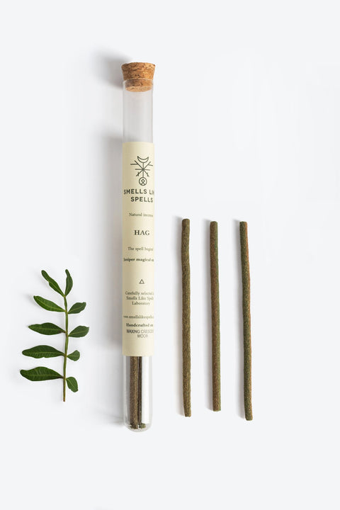 3. Smells Like Spells Natural Incense HAG with juniper sticks and decorative leaf, in glass tube