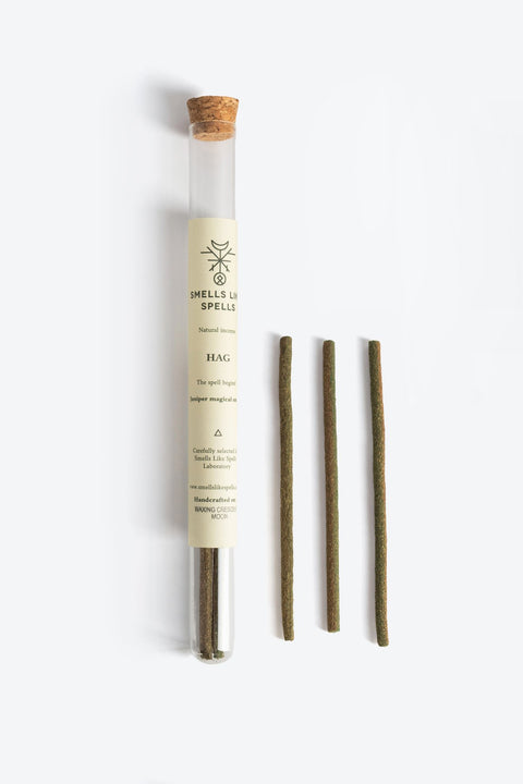 1. Smells Like Spells Natural Incense HAG with juniper sticks in glass tube, shown with cork lid