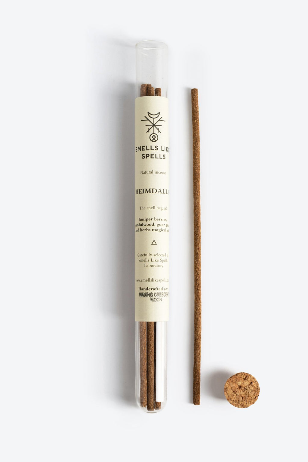2. Smells Like Spells Natural Incense HEIMDALLR in glass tube with cork, highlighting juniper and sandalwood ingredients