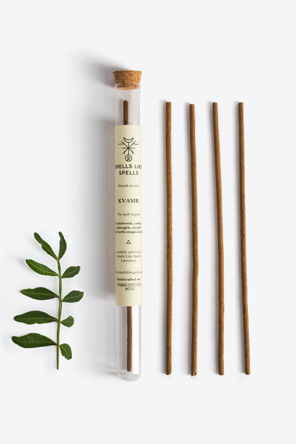1. Smells Like Spells Natural Incense KVASIR with sandalwood and cedar, shown with green leaf, in eco-friendly packaging