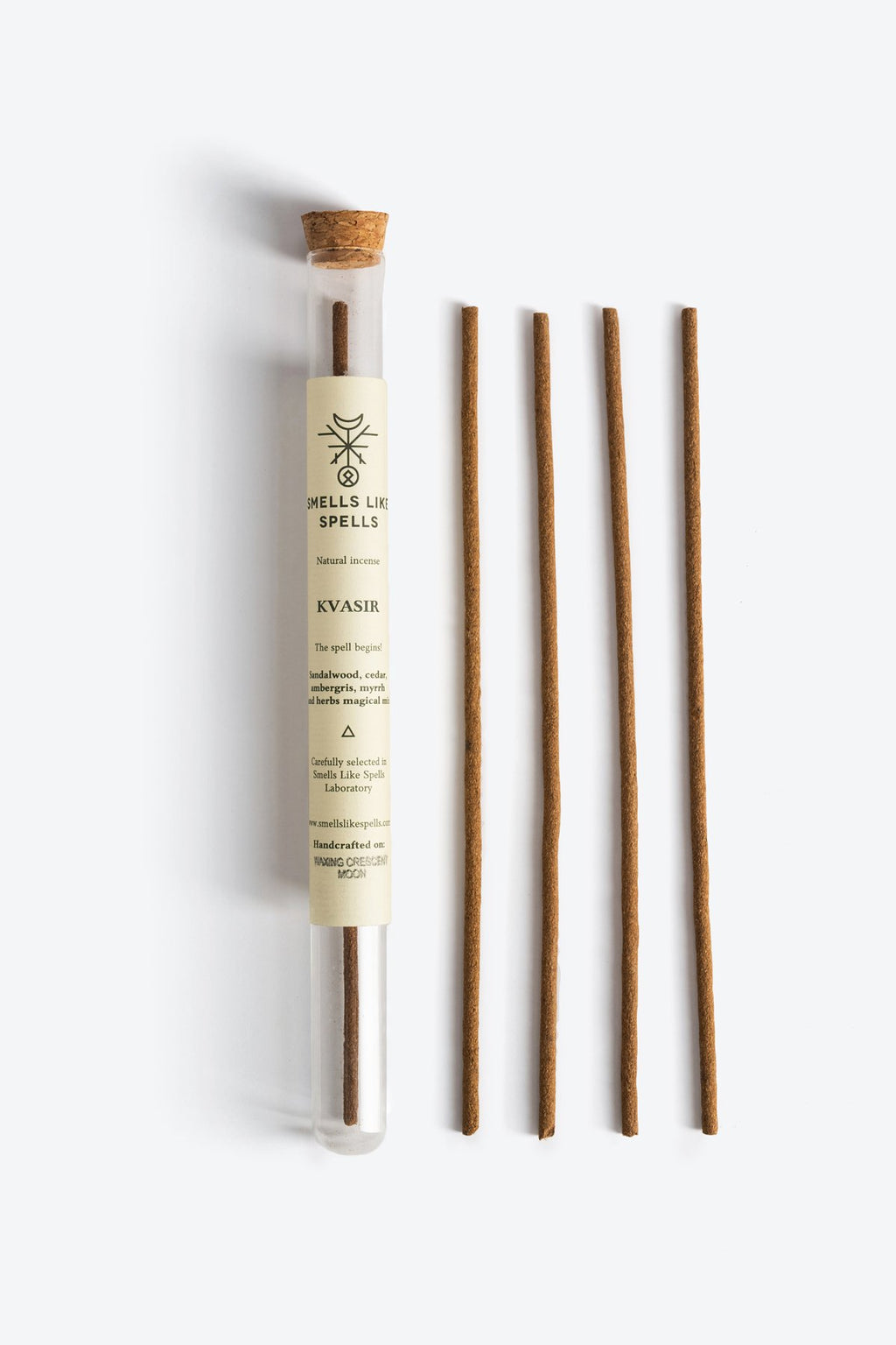 2. Smells Like Spells Natural Incense KVASIR sticks in glass tube, highlighting plant-based ingredients