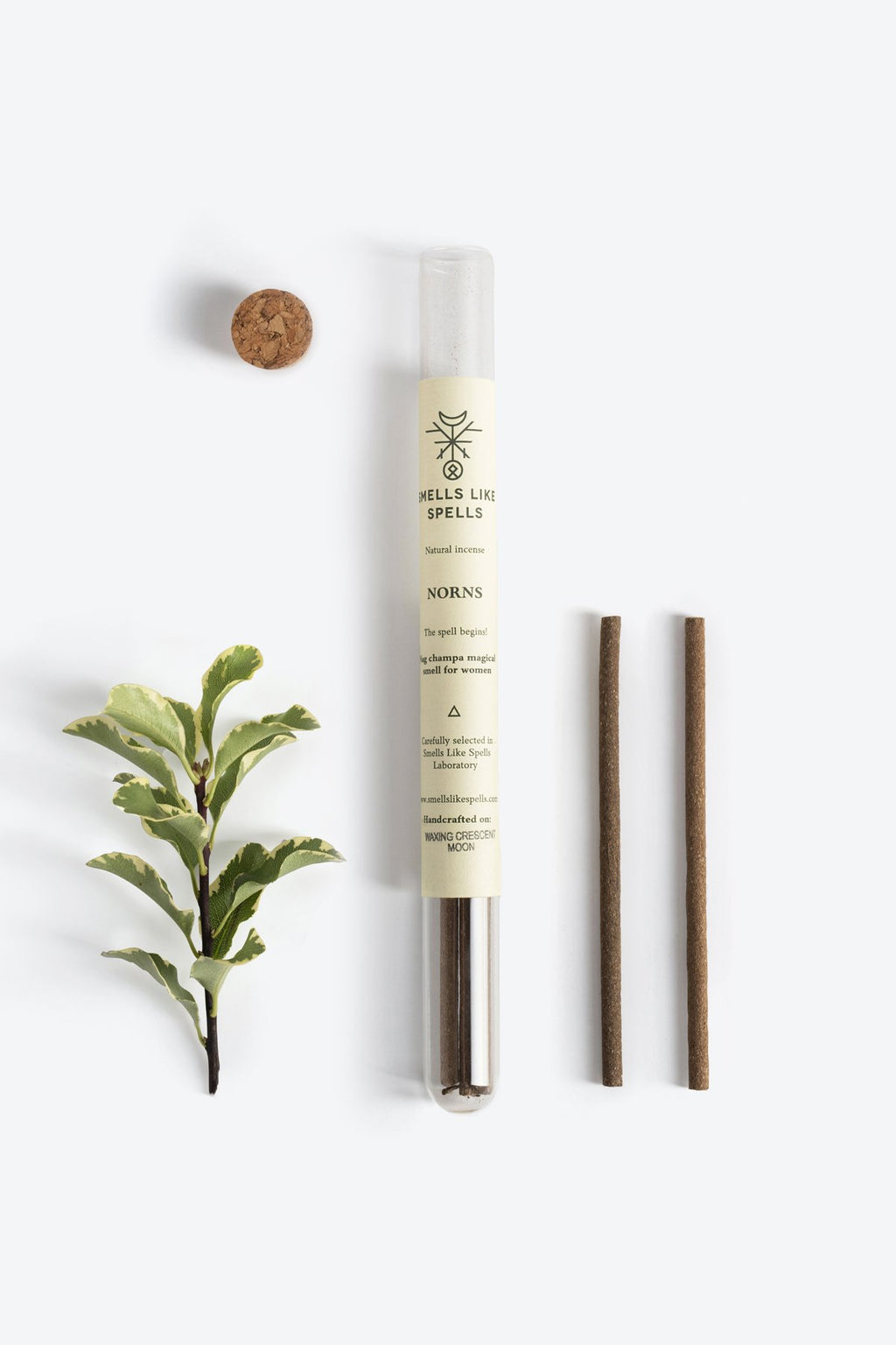 2. Smells Like Spells Natural Incense NORNS with plant element, featuring two incense sticks and cork stopper, displayed in studio