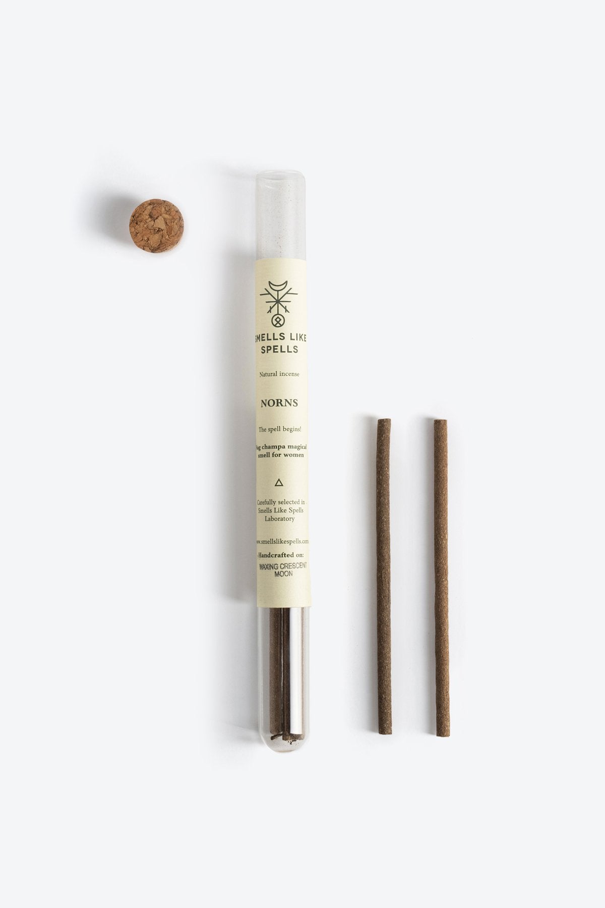3. Smells Like Spells Natural Incense NORNS with two incense sticks and cork stopper, shown in a clean studio layout