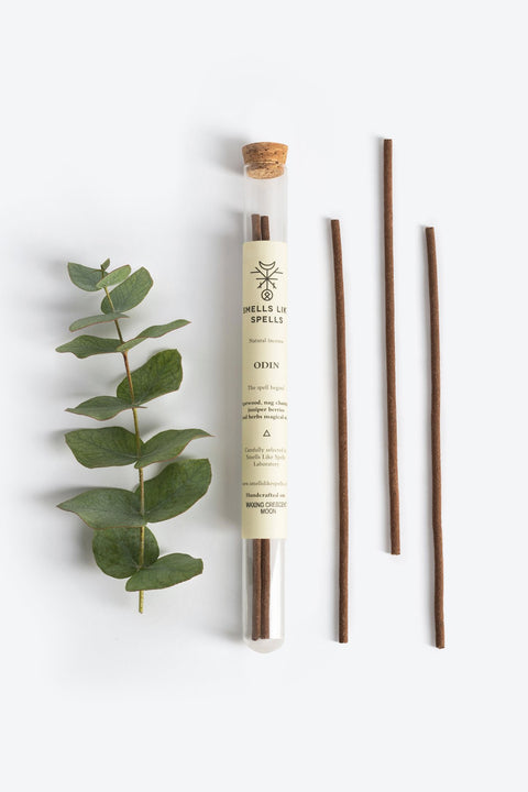 1. Smells Like Spells Natural Incense ODIN with eucalyptus, showcasing handcrafted incense sticks in a glass tube