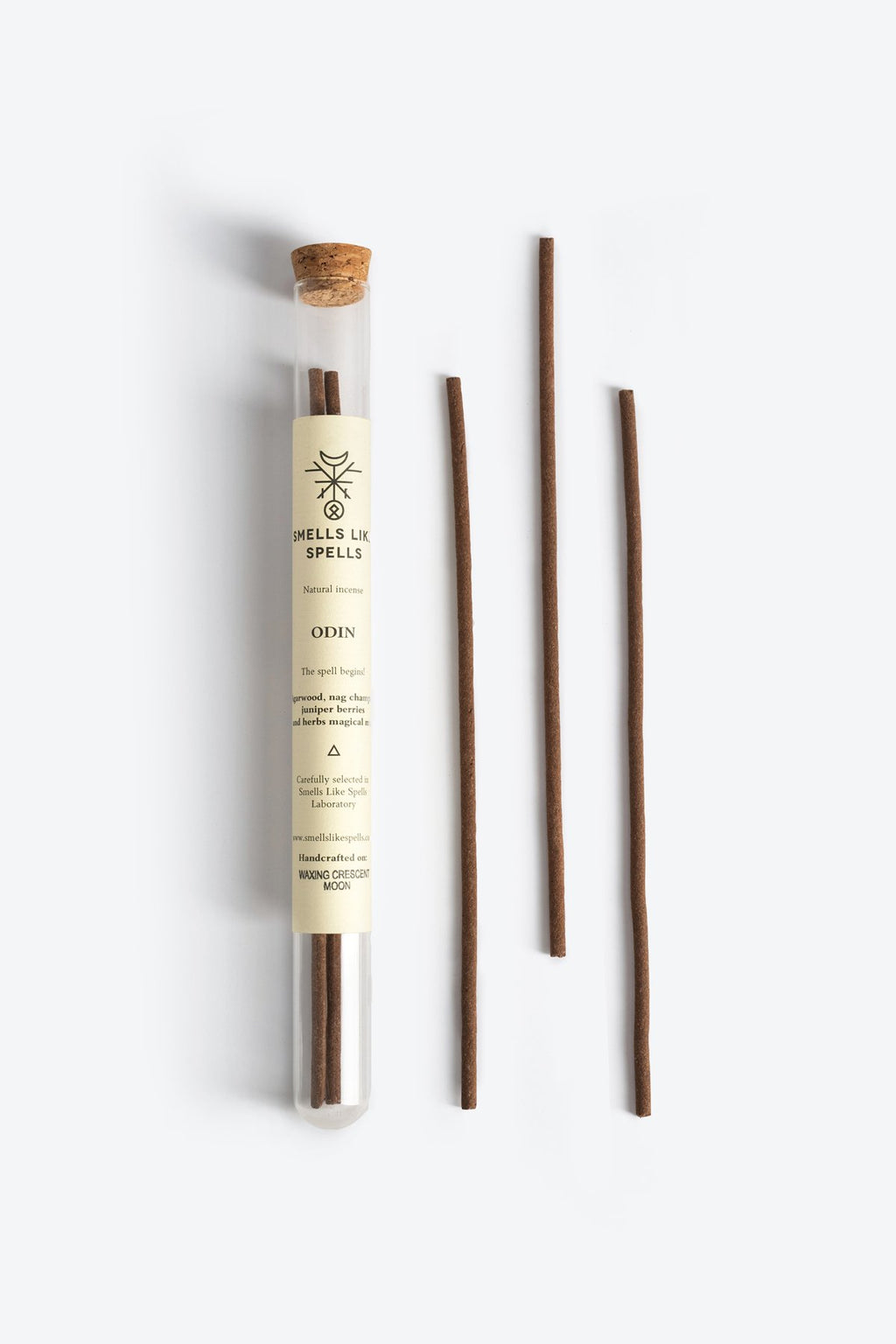 2. Smells Like Spells Natural Incense ODIN, featuring incense sticks in a glass tube with cork stopper