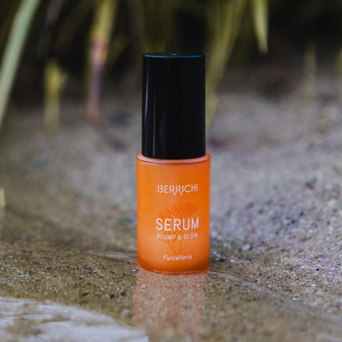 3. Berrichi Plump & Glow moisturizing serum, 30ml, placed on natural surface with plants in background