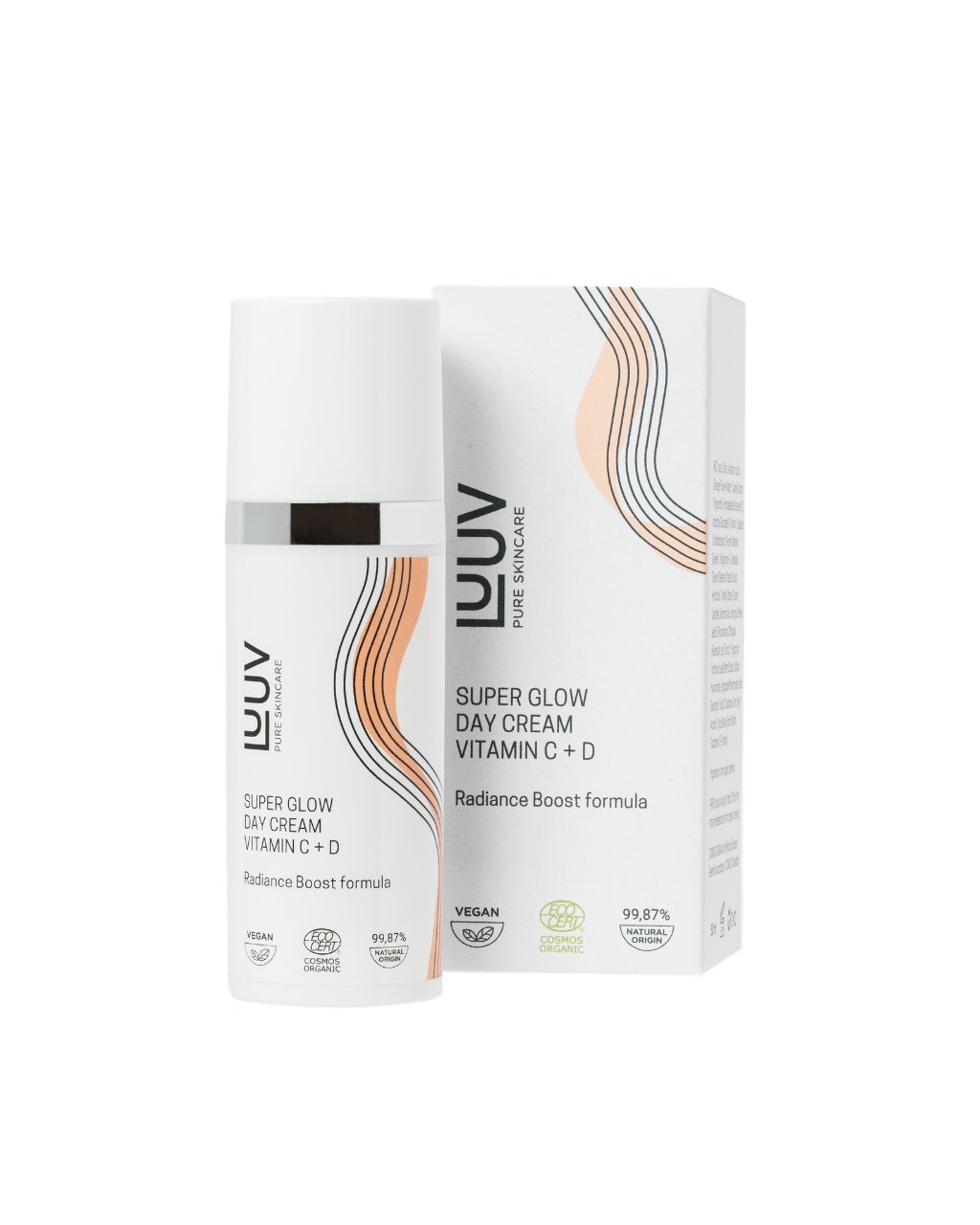 3. Studio shot of LUUV Super Glow Day Cream with Vitamin C + D, 50ml, alongside its packaging