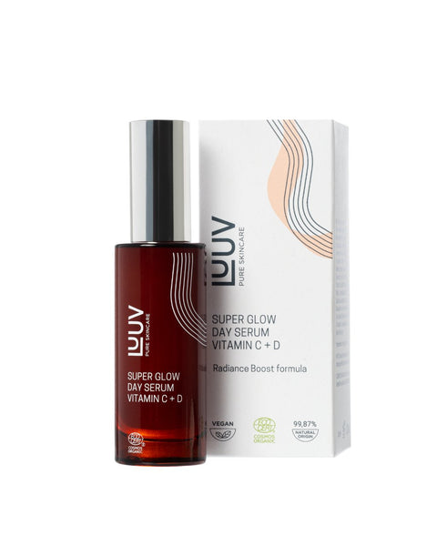 3. LUUV Super Glow Day Serum Vitamin C + D with packaging, emphasizing radiance boost formula