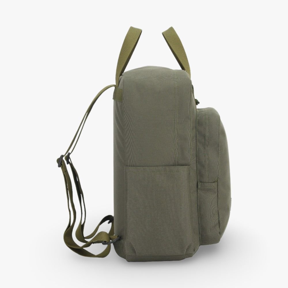 3. Profile view of Noel Nord Daypack in olive green, highlighting adjustable shoulder strap