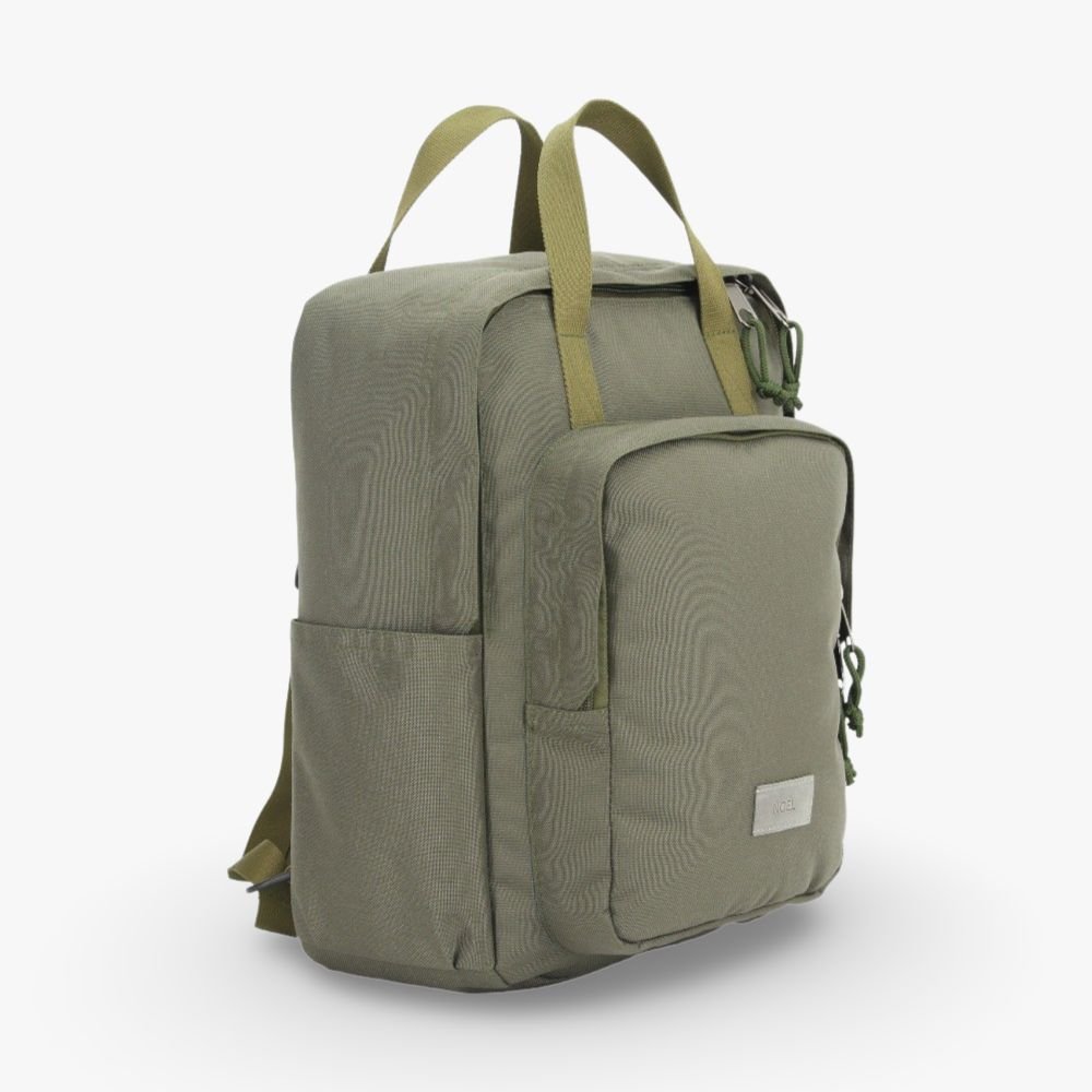 2. Side view of Noel Nord Daypack in olive green, showing front pocket and side pocket