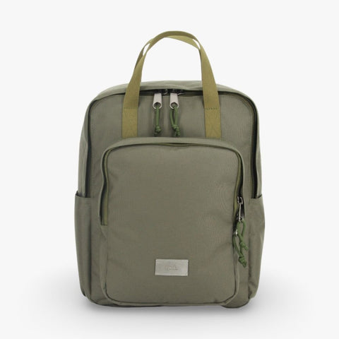 1. Noel Nord Daypack in olive green with front pocket and dual handles, studio shot