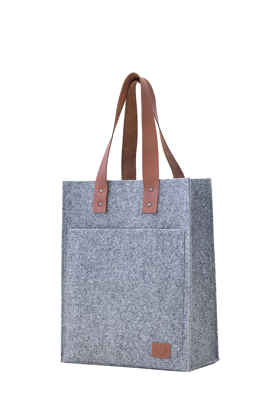 5. Studio shot of Nordhale Hennes Tote Bag in grey, featuring recycled PET felt and leather handles