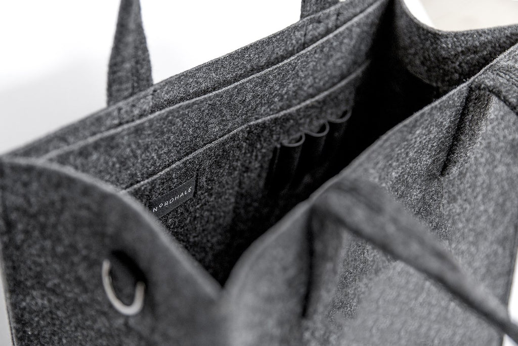 6. Close-up of interior of black Office Bag Holm by Nordhale, showing pen slots and keyring