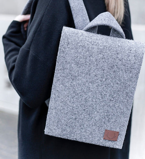 2. Close-up of woman wearing Nordhale Lund Mini Backpack in grey, showcasing felt texture