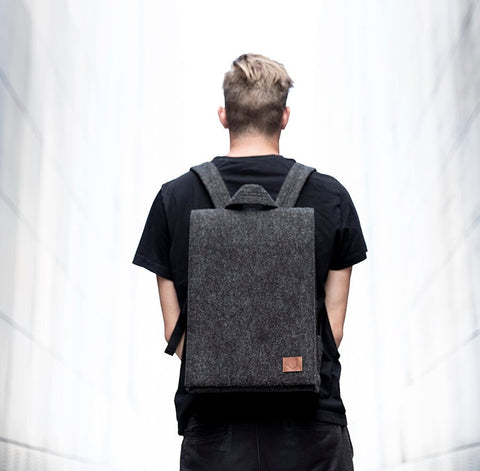 3. Unisex black Nordhale Backpack Lund shown from back on male model