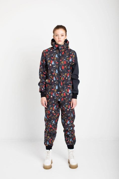 4. Front view of women's EBEKAI softshell overall by Nuckö, featuring abrasion-resistant design and adjustable fit