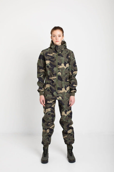 1. Women's SUSANNA softshell overall by Nuckö in camo print, front view in studio