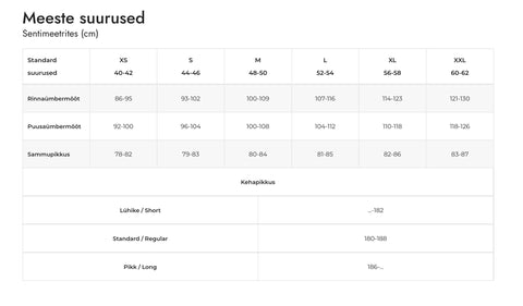 5. Size chart for men's clothing showing measurements in centimeters for various sizes