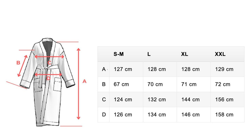 11. Size chart for men's waffle robe showing measurements in centimeters for S-M, L, XL, XXL