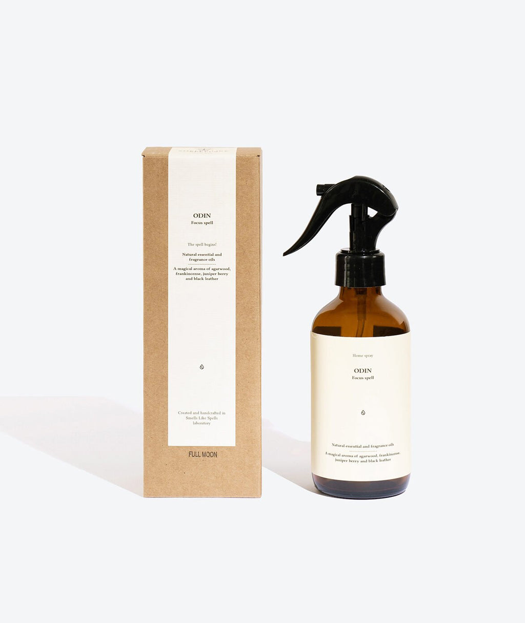 1. Smells Like Spells Perfumed Home Spray ODIN with packaging, featuring 200 ml bottle and eco-friendly box
