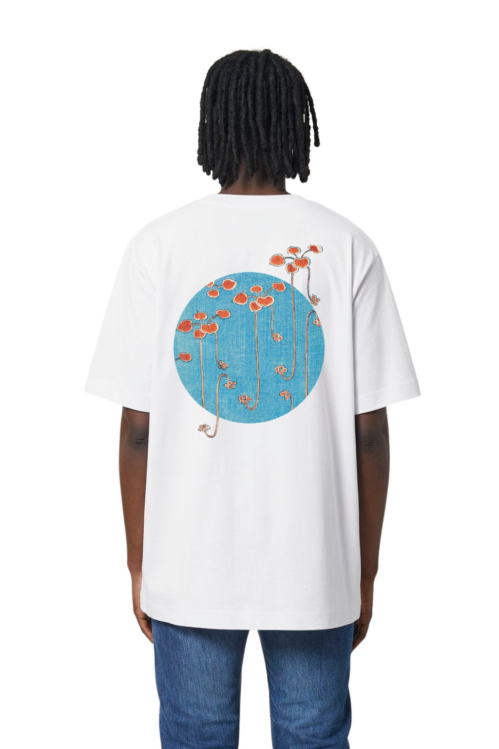 3. Men's 'Bijutsu Sekai' t-shirt by Watanabe Seitei, shown from back in studio, highlighting vine illustration, relaxed fit