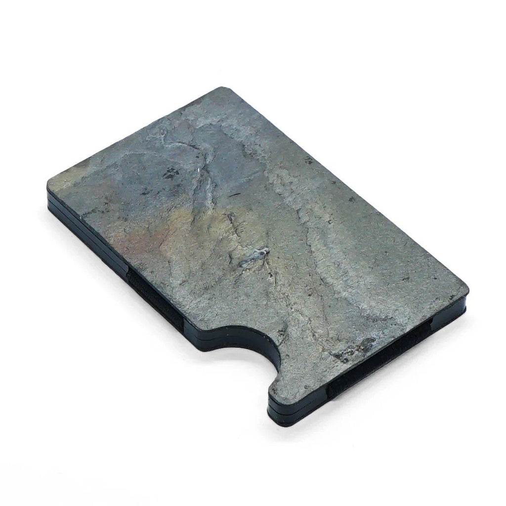 2. Close-up of Öine Arktika card holder showcasing natural slate stone texture
