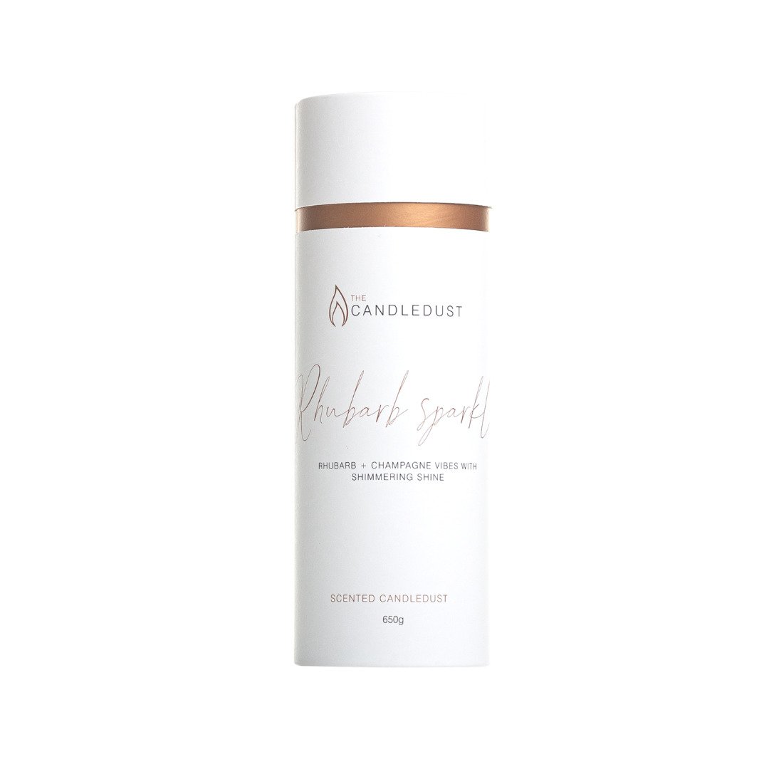 8. Studio shot of Candledust Rhubarb Sparkle powdered candle packaging with elegant design