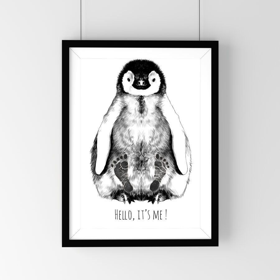 1. Personalized baby penguin footprint kit in black frame featuring hand-drawn penguin with text 'Hello, it's me!' on white background, ideal for nursery decor.