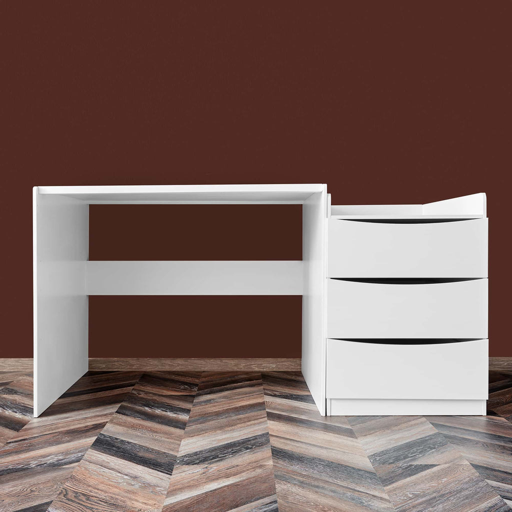 4. White desk with attached chest of drawers on dark wood floor and brown background