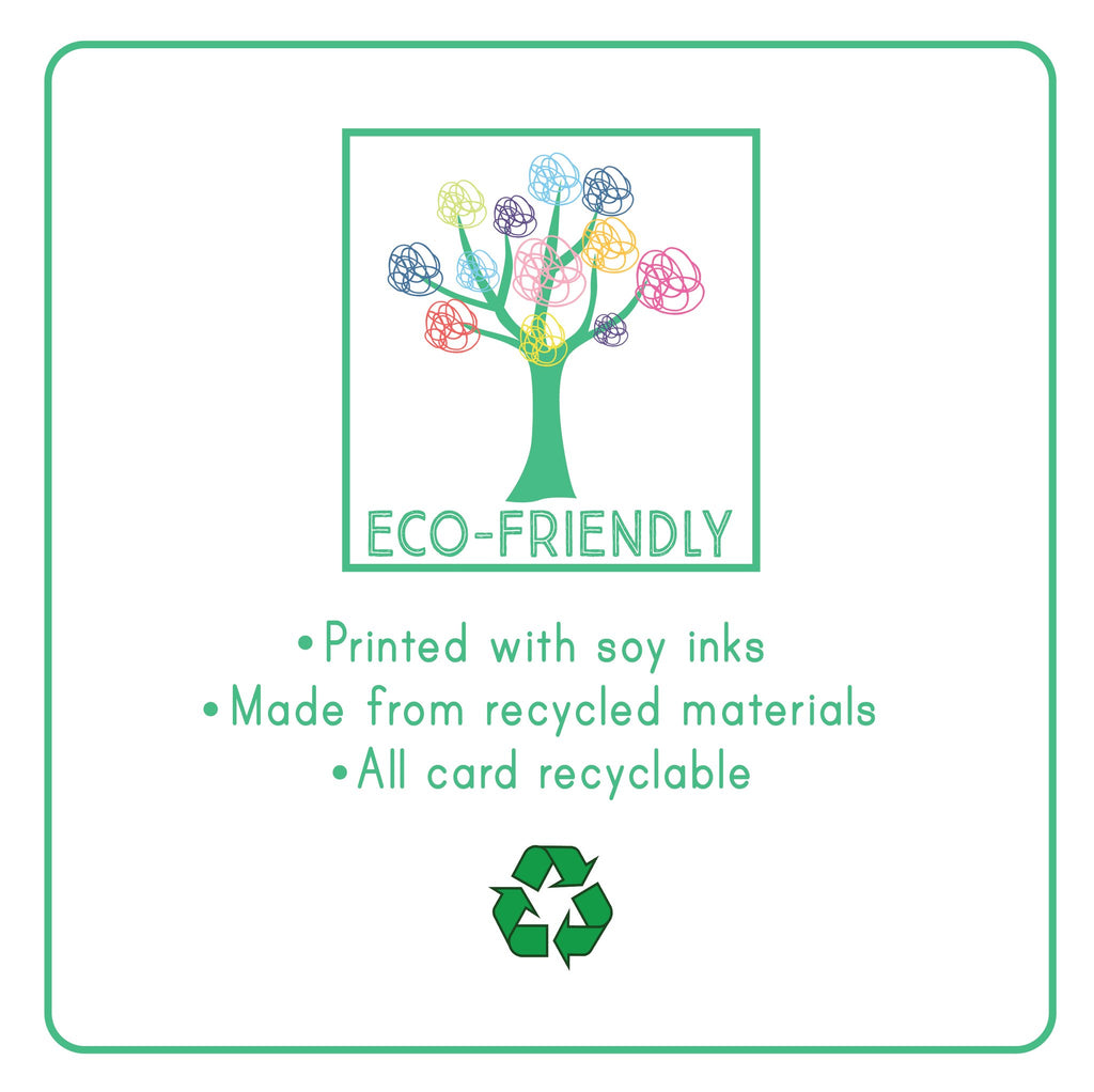 5. Eco-friendly label with colorful tree design, printed with soy inks, made from recycled materials, all card recyclable