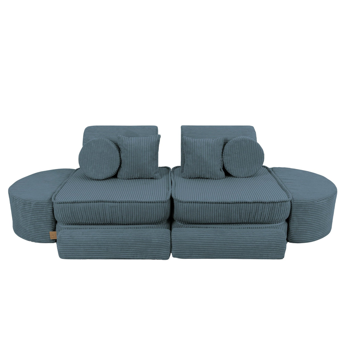 2. Medium modular children's sofa in aesthetic turquoise with ribbed texture, featuring two backrests and circular cushions, shown in a studio setting