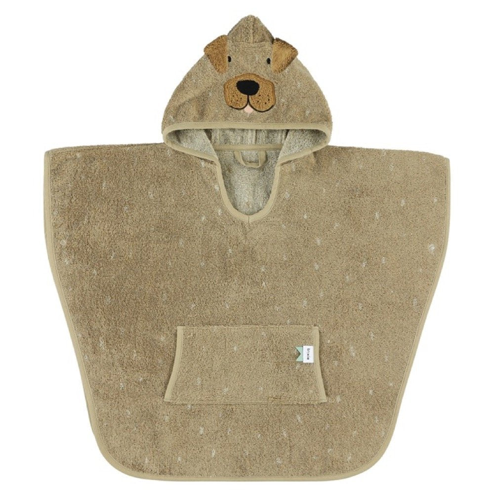2. Front view of kids' hooded bathing poncho in beige with dog face on hood, pocket detail