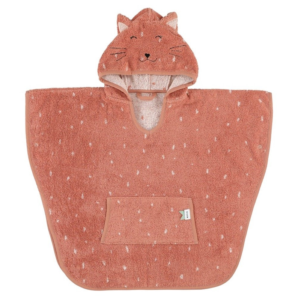 1. Front view of Trixie Baby Hooded Bathing Poncho for kids in Mrs. Cat design, featuring a cat face hood and front pocket, made from organic terry cloth