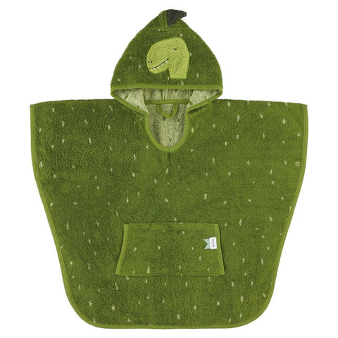 2. Green hooded bathing poncho for kids with dino design and front pocket, made from organic terry cloth, shown flat with hood up
