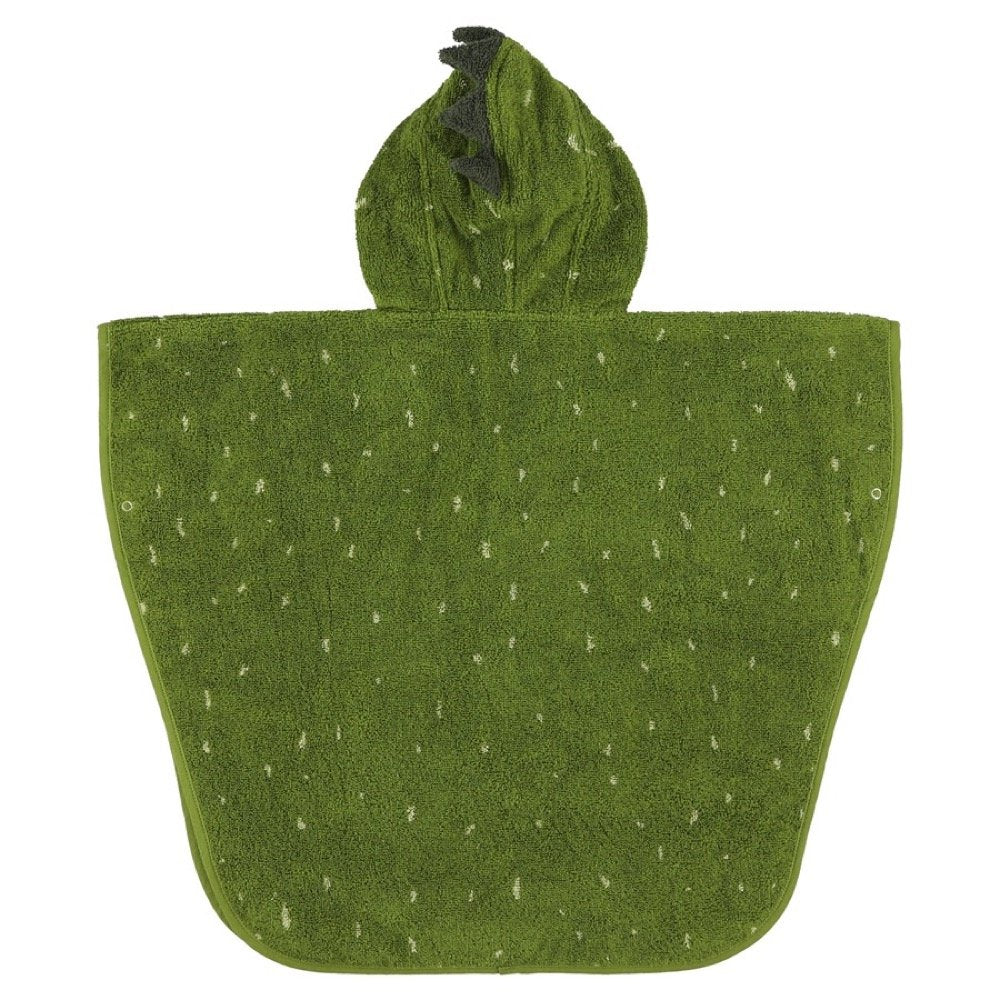 3. Back view of green hooded bathing poncho for kids with dino design, made from organic terry cloth, shown flat