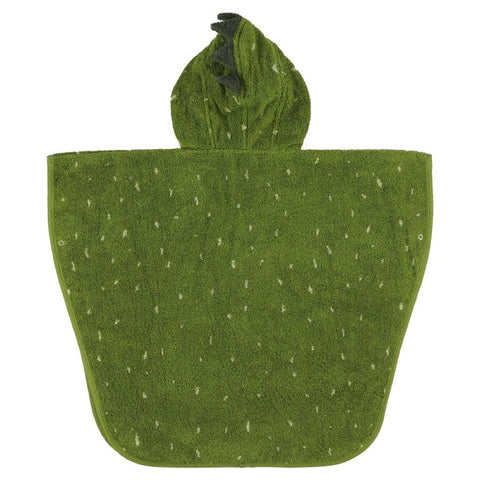3. Back view of green hooded bathing poncho for kids with dino design, made from organic terry cloth, shown flat