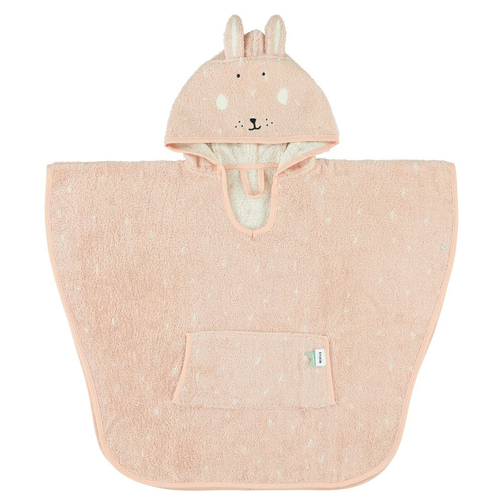 2. Pink hooded bathing poncho with rabbit face and ears, front view on white background
