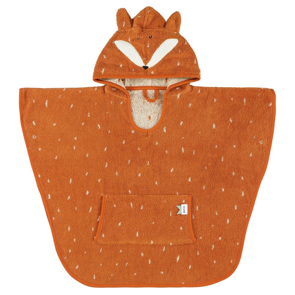 3. Front view of orange fox-themed hooded bathing poncho with pocket and white speckled pattern