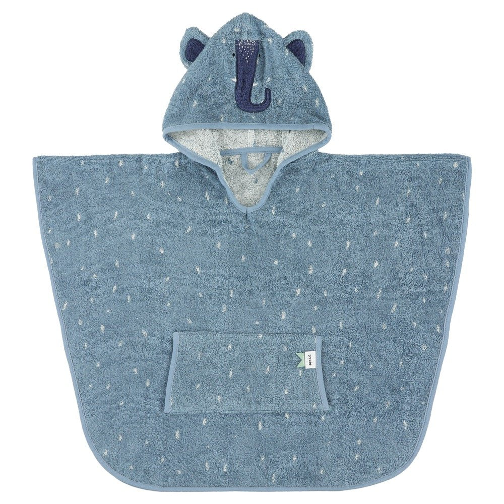 1. Front view of blue kids' hooded bathing poncho with elephant design, featuring ears, trunk detail, and front pocket, made from organic cotton terry cloth