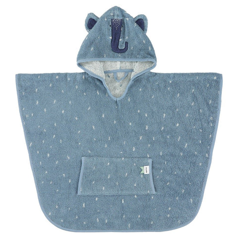 1. Front view of blue kids' hooded bathing poncho with elephant design, featuring ears, trunk detail, and front pocket, made from organic cotton terry cloth