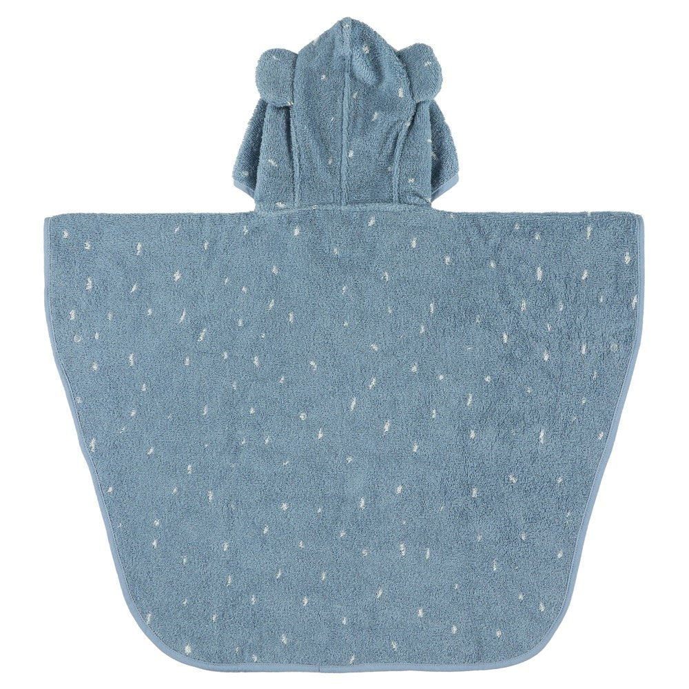 2. Back view of blue kids' hooded bathing poncho with elephant ears and dotted pattern, made from organic cotton terry cloth