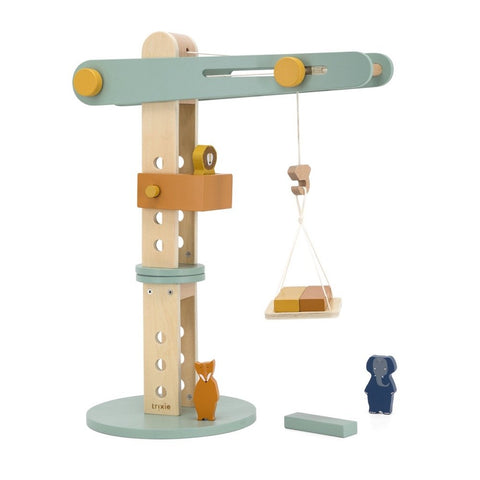 2. Trixie Baby wooden construction crane with animal figures and building blocks on a white background