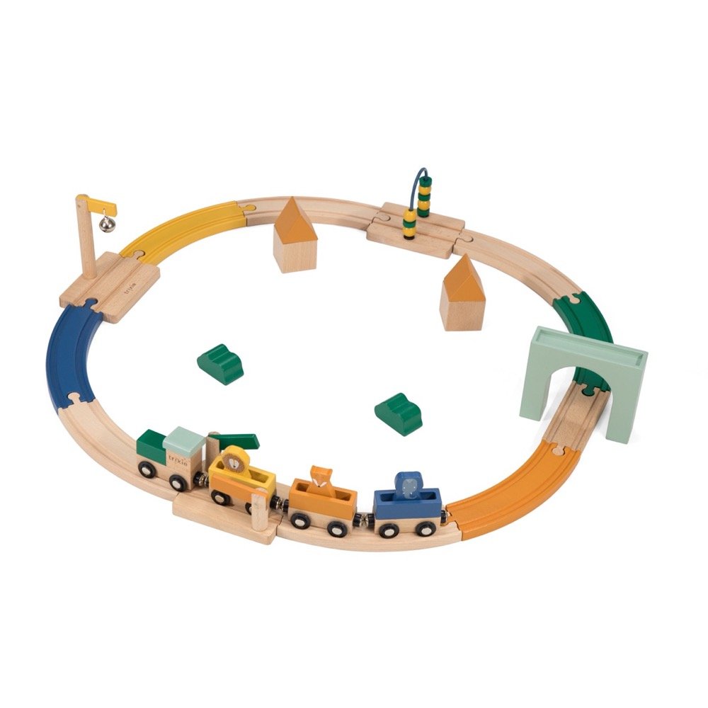 2. Trixie Baby Wooden Railway Set with colorful tracks, locomotive, and animal pawns arranged in a circle