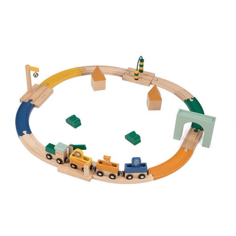 2. Trixie Baby Wooden Railway Set with colorful tracks, locomotive, and animal pawns arranged in a circle