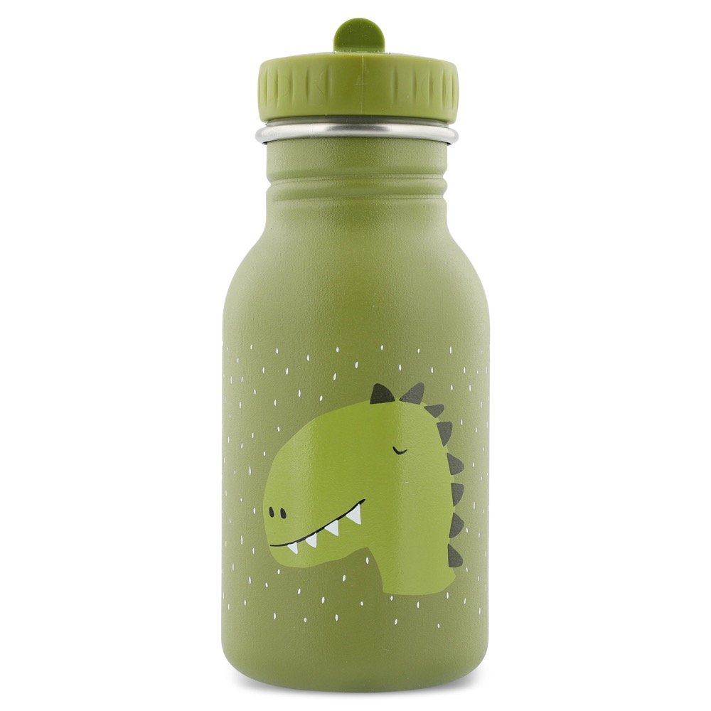 2. Green stainless steel bottle with dinosaur illustration and dotted pattern, shown from front on white background